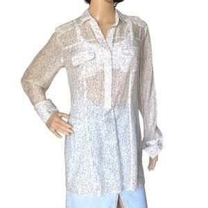 Farina Z Taghavi Sheer Button Up Blouse Size 10 White Gray Cotton Silk Lightweig